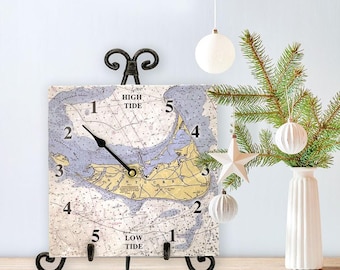 Personalized Nautical Chart Tide Clock - Tumbled Marble - Perfect Gift for Wedding, Engagement, Anniversary, Housewarming, Birthday, Holiday