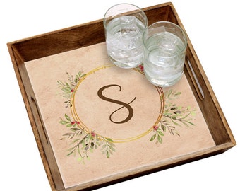 Personalized Wood Serving Tray, Custom Wreath & Monogram - Perfect Gift for 5th Anniversary, Wedding, Engagement, Housewarming, Birthday