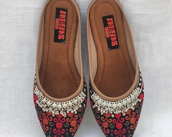 Embroidered Mule Slippers: Indian Bridal Velvet Mojaris Flats