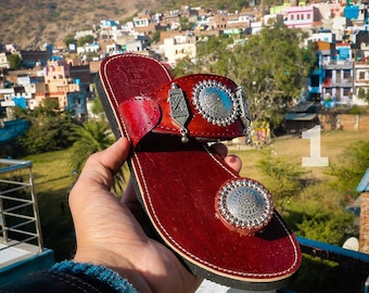 Red Leather Sandals: Handcrafted Ethnic Silver Toe Ring Slippers