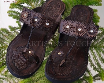 Brown Genuine Leather Handmade Kolhapuri Slip On Sandals for Women, Bridesmaid slippers, Ethnic Flats, Wedding Slippers, Gift for Girlfriend