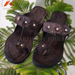 Brown Genuine Leather Handmade Kolhapuri Slip On Sandals for Women, Bridesmaid slippers, Ethnic Flats, Wedding Slippers, Gift for Girlfriend