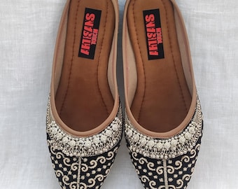 Embroidered Velvet Mule Slippers: Indian Bridal Flats with Ghungroo