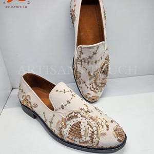 Handmade White Velvet Groom Shoes with Golden Zardozi Embroidery Slip-on, Luxury Wedding Loafers for Men, Indian Ethnic Men's Footwear,