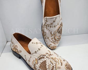 Handmade White Velvet Groom Shoes with Golden Zardozi Embroidery Slip-on, Luxury Wedding Loafers for Men, Indian Ethnic Men's Footwear,