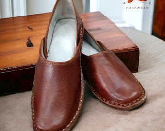 Handmade Mens Leather Mojari Shoes: Dark Tan Ethnic Loafers