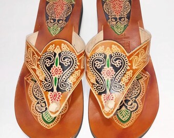 Genuine Leather Sandal for womens, Handmade print Ethnic Sandal for Women, Tan colour Summer Sandal,  Beach Thong Slippers, Wedding Footwear