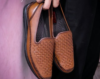 Handmade Basket Weave Leather Loafers: Mens Wedding Shoes