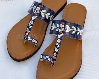 Hand-painted Floral Kolhapuri Sandal for Women, Geniune Blue Leather Ethnic Slip-On Flats, Boho Indian Footwear, Traditional Handmade Sandal