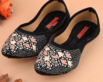 Handmade Mirror Embellished Juttis: Black Velvet Ethnic Wedding Shoes