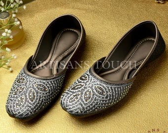Embellished Grey Black Juttis for Women, Handmade Indian Mojari Flats with Rhinestones, Bridal Wedding Shoes, Ethnic Festive Party Footwear,