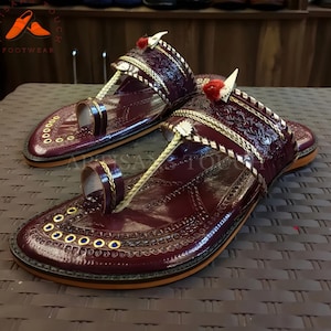 Handmade Cherry Brown Kolhapuri Leather Sandals for Men, Traditional Indian Flat Slip-On, Premium Ethnic Footwear for Casual & Festive Wear,