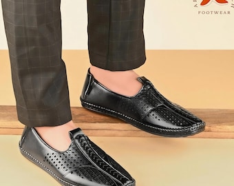 Zwarte etnische leren heren loafers: handgemaakte Indiase trouwschoenen