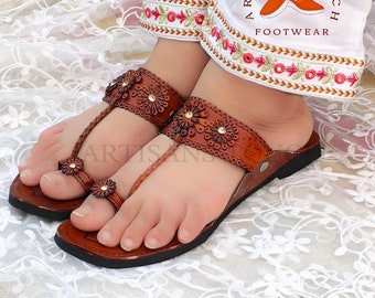 Genuine Leather Handmade Kolhapuri Slip On Sandals for Women, Dark Tan Bridesmaid slippers, Ethnic dresses Flats, Wedding shoes for women,