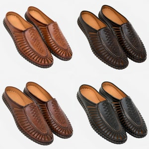 May include: Four pairs of leather sandals with woven straps. Two pairs are brown and two pairs are black.
