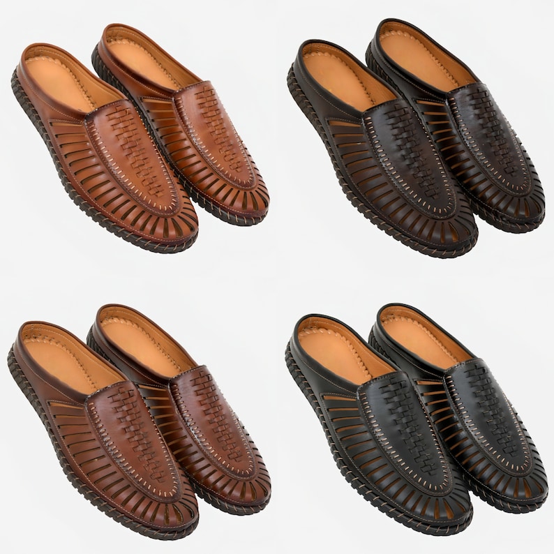 May include: Four pairs of leather sandals with woven straps. Two pairs are brown and two pairs are black.