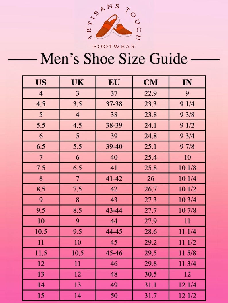 May include: Shoe size conversion chart for men's footwear, featuring US, UK, EU, CM, and IN measurements. The chart includes sizes from US 4 (22.9 cm, 9 in) to US 15 (31.7 cm, 12 1/2 in). The Artisan's Touch logo is at the top.