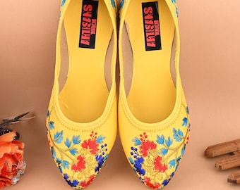 Yellow Floral Embroidered Juttis: Punjabi Mojari Ballerinas