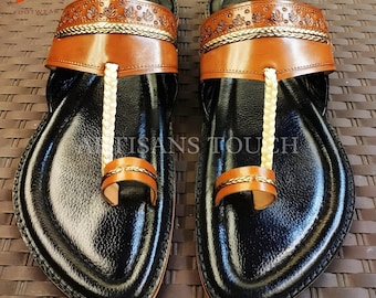 Handmade Kolhapuri Leather Sandals for Men, Traditional Indian Flat Slip-On Shoes, Premium Ethnic Footwear For Festive, Perfect Gift for Him