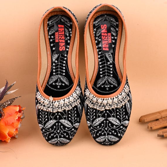 Black Velvet Beaded Jutti Khussa Shoes: Punjabi Bridal Flats