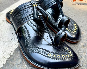 Handmade Black Kolhapuri Leather Sandals for Men, Traditional Maharaja Flat Slip-On Shoes, Premium Ethnic Footwear for Casual & Festive Wear