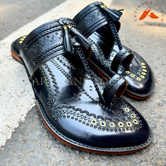 Handmade Black Kolhapuri Leather Sandals for Men, Traditional Maharaja Flat Slip-On Shoes, Premium Ethnic Footwear for Casual & Festive Wear