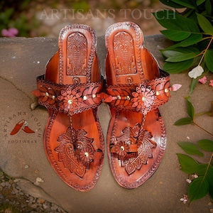 Genuine Leather Handmade Kolhapuri Slip On Sandals for Women, Dark Tan Bridesmaid slippers, Ethnic dresses Flats, Wedding shoes for womens,