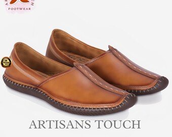 Handcrafted Tan Leather Mens Loafers: Indian Style Slip-On Shoes