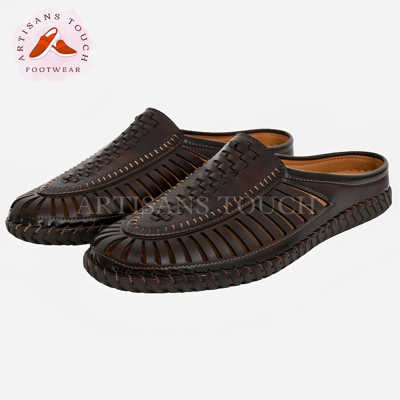 May include: A pair of brown leather sandals with a woven design and an open toe. The sandals have a comfortable, casual look and are perfect for warm weather.