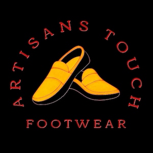 May include: Artisans Touch Footwear logo on a black background. The logo features a pair of yellow and black slip-on shoes. The words "ARTISANS TOUCH" are arched above the shoes, and "FOOTWEAR" is below, all in red.