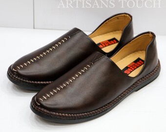 Chaussures à enfiler en cuir marron : mocassins faits main de coupe turque