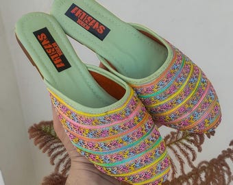 Embroidered Mule Slippers: Handmade Skyblue Flats, Bridesmaid Shoes
