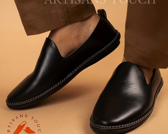 Mens Black Mojari Shoes: Handmade Punjabi Style Loafers