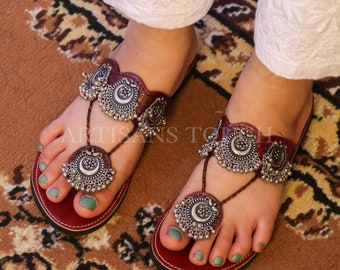 Red Leather Sandals, Engraved leather, Flip-flops, jewellery Sandals, Handcrafted Summer shoes, Valentine day gifts for Love, Ethnic flats,