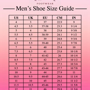 May include: Shoe size conversion chart for men's footwear, featuring US, UK, EU, CM, and IN measurements. The chart includes sizes from US 4 (22.9 cm, 9 in) to US 15 (31.7 cm, 12 1/2 in). The Artisan's Touch logo is at the top.