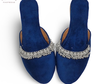 Handcrafted Blue Mule Slippers: Indian Embroidery Flats