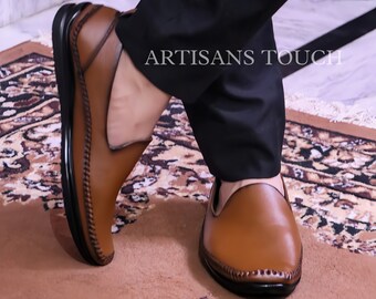 Handmade Tan Leather Slip-On Loafers: Men's Dress Shoes