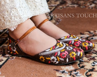Handmade Floral Embroidery Sandals: Brown Ankle Strap Espadrilles