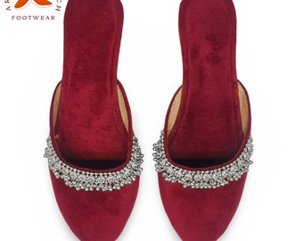 Maroon Mule shoes For Women, Beautiful Handcrafted Indian Bridal Clogs Flats, Tassel Pointed Mule Slippers, Ethnic wear Backless SlipOn Mule