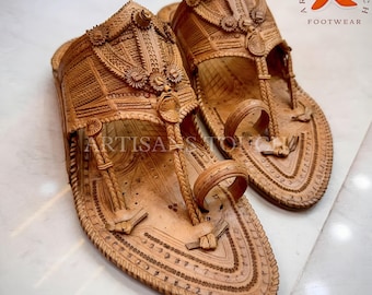 Handmade Natural Tan Kolhapuri Leather Sandals for Men, King of Kolhapuris Sandal, Traditional Maharaja Slip-On Shoes, High Quality Footwear