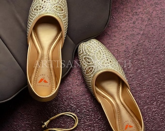Embellished Golden Juttis for Women, Handmade Indian Mojari Flats with Rhinestones, Bridal Wedding Shoes, Ethnic Festive & Party Footwear,