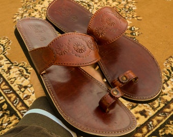 Handmade Brown Leather Sandals: Women's Summer Slides with Silver Toe Ring