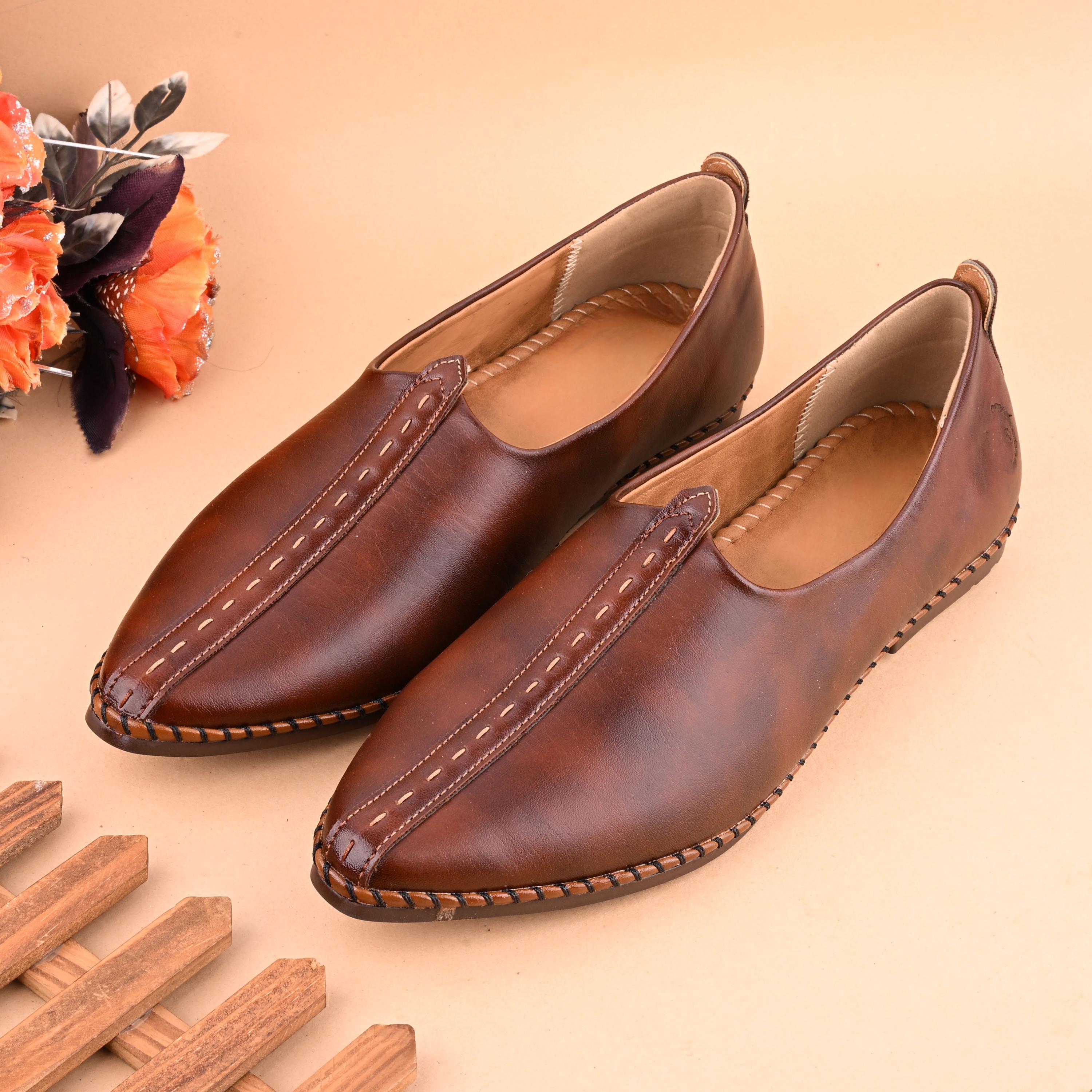 Handcrafted Brown Leather Mojari Shoes: Punjabi Jutti, Ethnic Groom Shoes