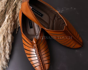 Tan Ethnic Jutti Shoes for Men: Handmade Indian Mojari Loafers