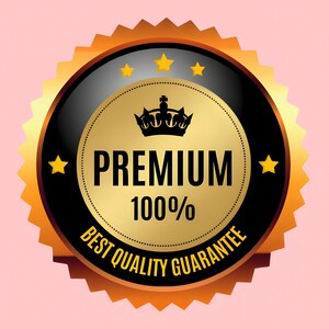 May include: A gold and black badge with the word "PREMIUM" in bold letters, along with "100%" and "BEST QUALITY GUARANTEE". The badge has a crown icon and star accents, set against a pink background.