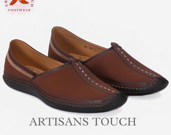 Slip on marrón de alta calidad, zapatos de hombre hechos a mano, mocasines marrones tradicionales, zapatos planos marrones étnicos, zapatos de diseñador, zapatos slip on, zapato indio