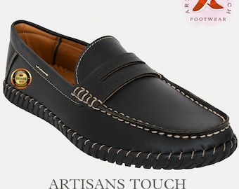 Mocasines de cuero negro hechos a mano: zapatos de vestir clásicos sin cordones para hombre