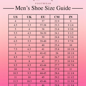 Op de afbeelding: Een schoenmatentabel voor heren, met maten in US, UK, EU, centimeters en inches. De tabel bevat maten van US 4 (22,9 cm, 9 inch) tot US 15 (31,7 cm, 12 1/2 inch). Het logo van Artisans Touch Footwear staat bovenaan.