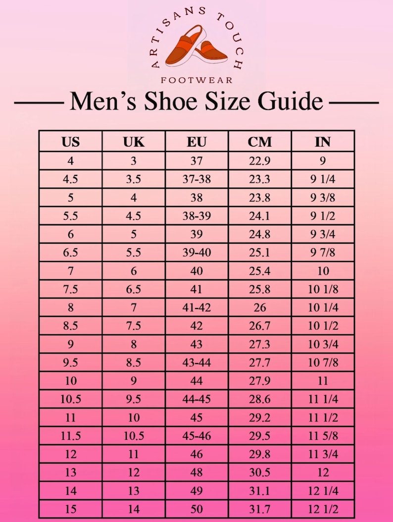 Op de afbeelding: Een schoenmatentabel voor heren, met maten in US, UK, EU, centimeters en inches. De tabel bevat maten van US 4 (22,9 cm, 9 inch) tot US 15 (31,7 cm, 12 1/2 inch). Het logo van Artisans Touch Footwear staat bovenaan.