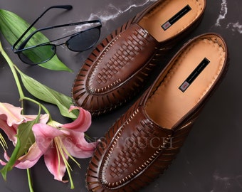 Mens Brown Leather Mules: Indian Backless Slip-Ons